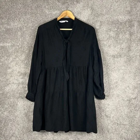 Zara Dress Womens Medium Black Dot Tiered Long Sleeve Tie Front Neck - Picture 1 of 12